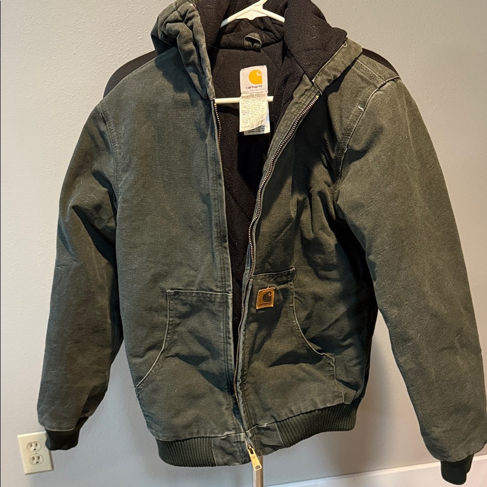 Vintage Youth 14/16 Carhartt Sandstone Quilt Lined Olive Green Hooded Jacket - Picture 2 of 7